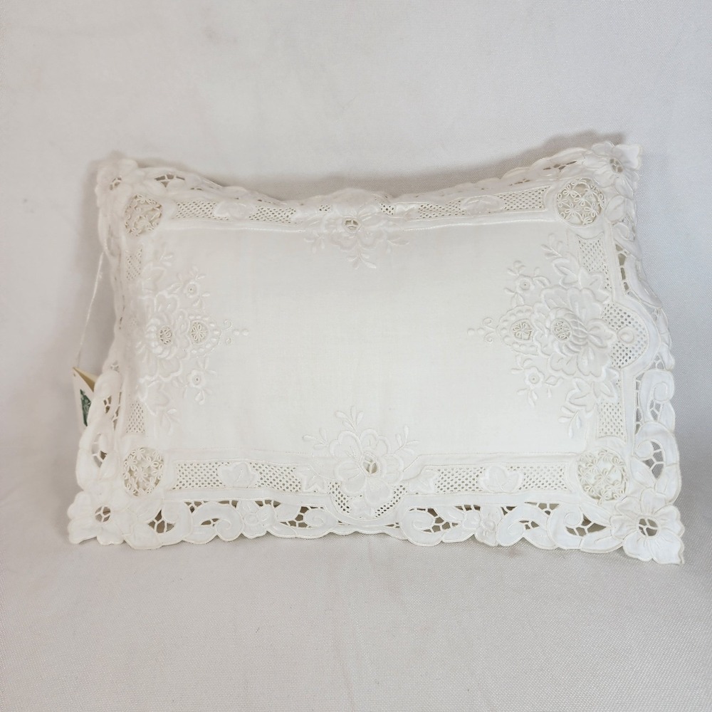 Vintage "Paper White" Pillow Hand Embroidered 16x12 Floral Cottage Romantic NWT
